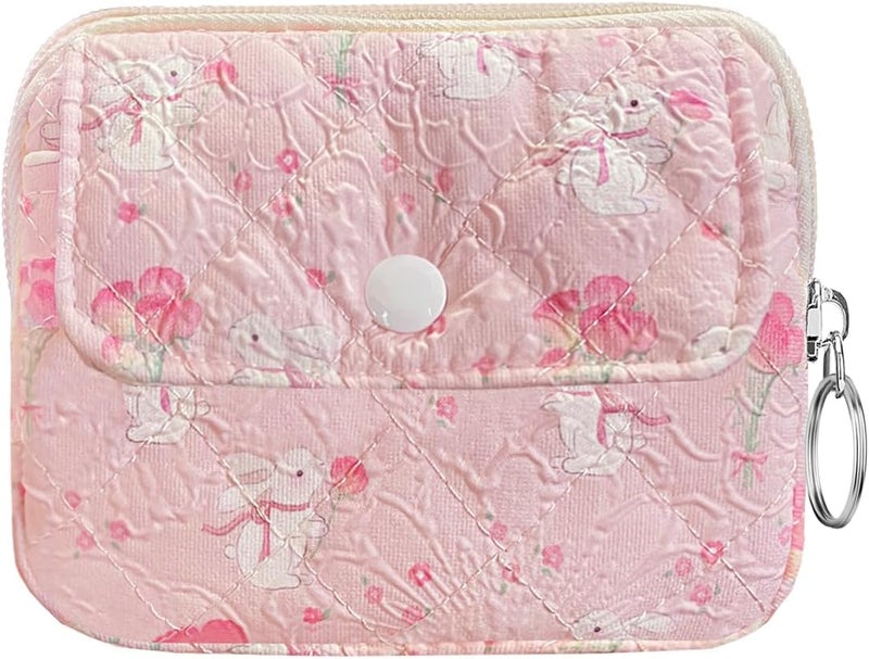 Modacarry Store Cotton Quilted Floral Coin Pouch with Cute Prints Zipper for Women Girls (BOUQUET BUNNY) - Image 1